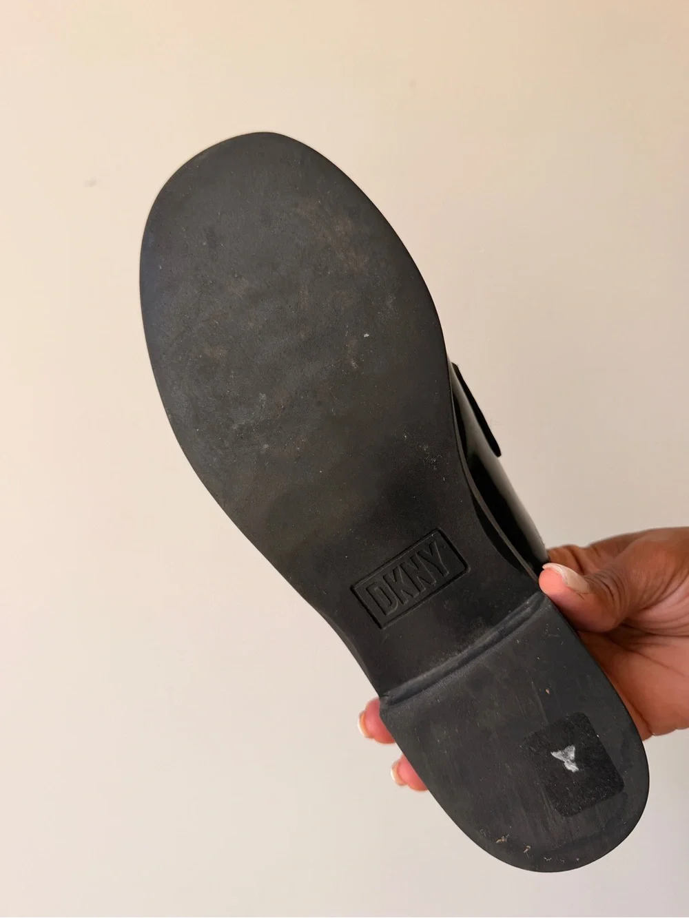 DKNY Black Patent Leather Slip-On Loafers with Metal Logo